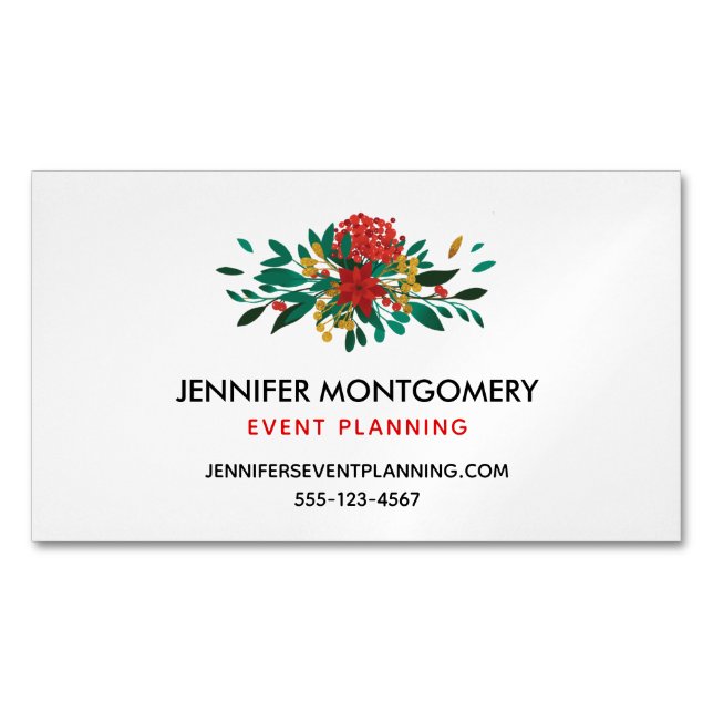 Modern Red Green & Gold Christmas Floral Magnetic Business Card (Front)