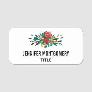 Modern Red Green & Gold Christmas Floral Name Tag