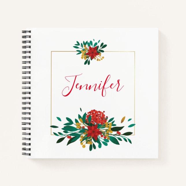 Modern Red Green & Gold Christmas Floral Notebook (Front)
