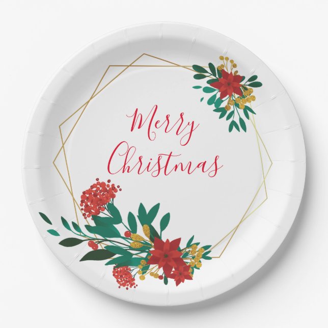 Modern Red Green & Gold Christmas Floral Paper Plate (Front)