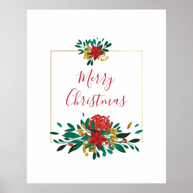 Modern Red Green & Gold Christmas Floral Poster (Front)