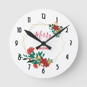 Modern Red Green & Gold Christmas Floral Round Clock