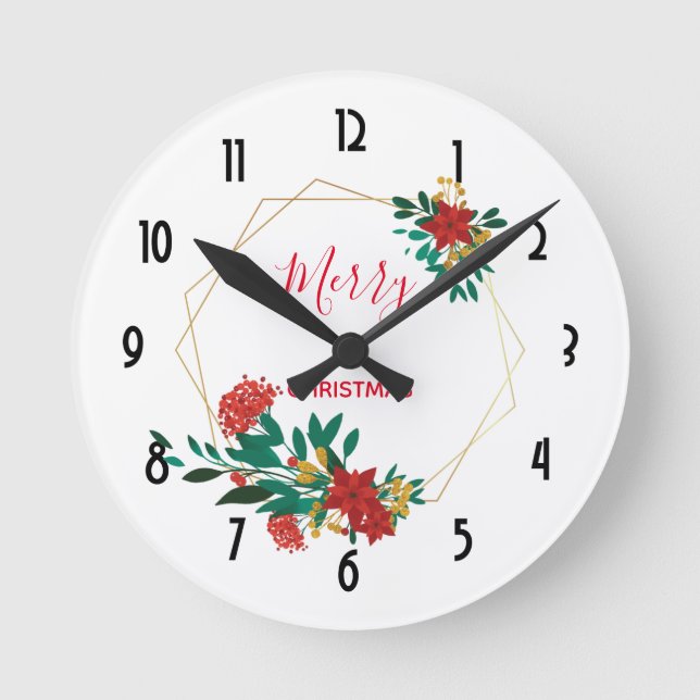 Modern Red Green & Gold Christmas Floral Round Clock (Front)