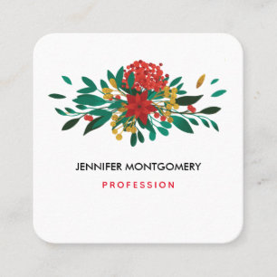 Modern Red Green & Gold Christmas Floral Square Business Card