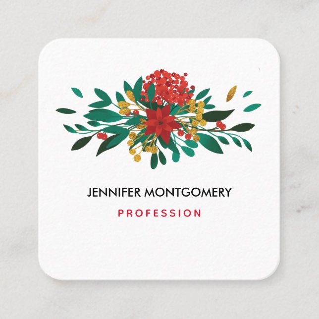 Modern Red Green & Gold Christmas Floral Square Business Card (Front)