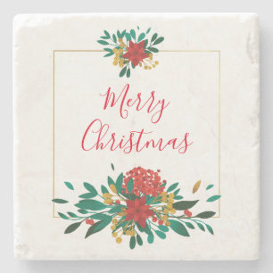 Modern Red Green & Gold Christmas Floral Stone Coaster