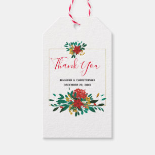 Modern Red Green & Gold Christmas Floral Thank You Gift Tags