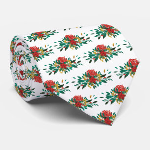 Modern Red Green & Gold Christmas Floral Tie