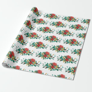 Modern Red Green & Gold Christmas Floral Wrapping Paper