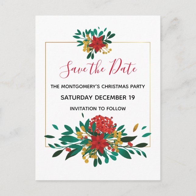 Modern Red Green & Gold Christmas Save the Date Invitation Postcard (Front)
