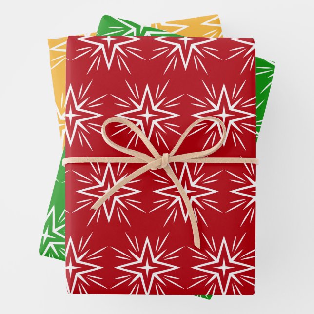 Modern Red Green Gold Christmas Star Ornament Gift Wrapping Paper Sheet (In situ)