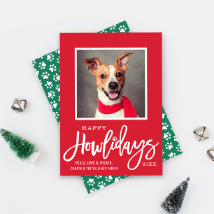 Modern Red Green Happy Howlidays Puppy Dog Photo Holiday Card