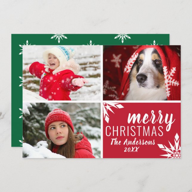 Modern Red & Green Merry Christmas Photo Collage Holiday Card (Front/Back)