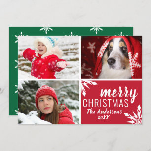 Modern Red & Green Merry Christmas Photo Collage Holiday Card