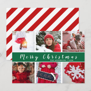 Modern Red & Green Merry Christmas Photo Collage Holiday Card