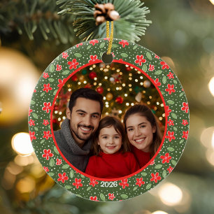 Modern Red & Green Personalized Floral Photo Ceramic Ornament