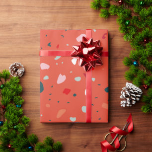 Modern Red Green Pink Abstract Terrazzo Pattern Wrapping Paper