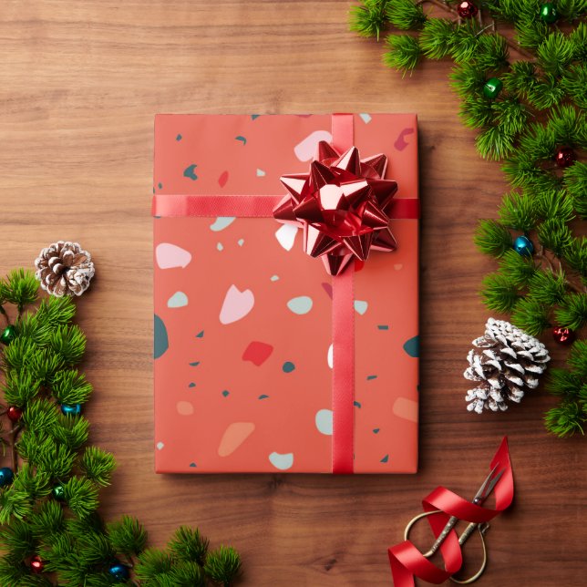 Modern Red Green Pink Abstract Terrazzo Pattern Wrapping Paper (Holiday Gift)