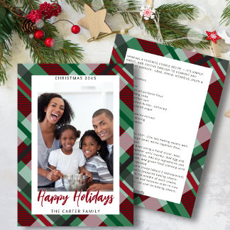 Modern Red Green Plaid Photo Happy Holidays Holiday Card