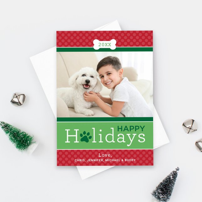 Modern Red Green Puppy Dog Theme Happy Holidays Holiday Card (Creator Uploaded)