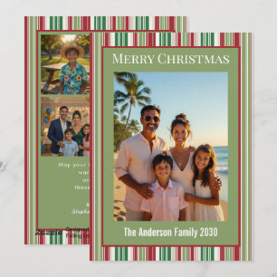 Modern Red Green Striped 5 Photo Christmas Holiday Card