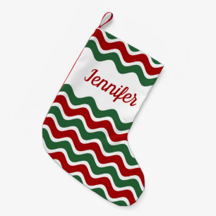 Modern Red Green Stripes Pattern Name Small Christmas Stocking