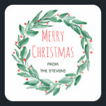 Modern red green watercolor Merry Christmas wreath Square Sticker<br><div class="desc">Modern red green watercolor Merry Christmas wreath featuring a painted greenery foliage and branches with red mistletoe and white holly berries.</div>