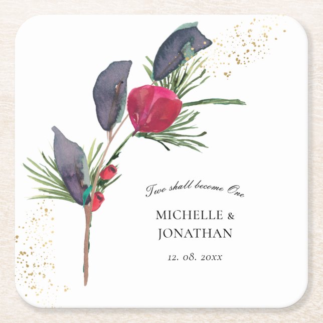 Modern Red Green Winter Floral Christian Wedding  Square Paper Coaster (Front)
