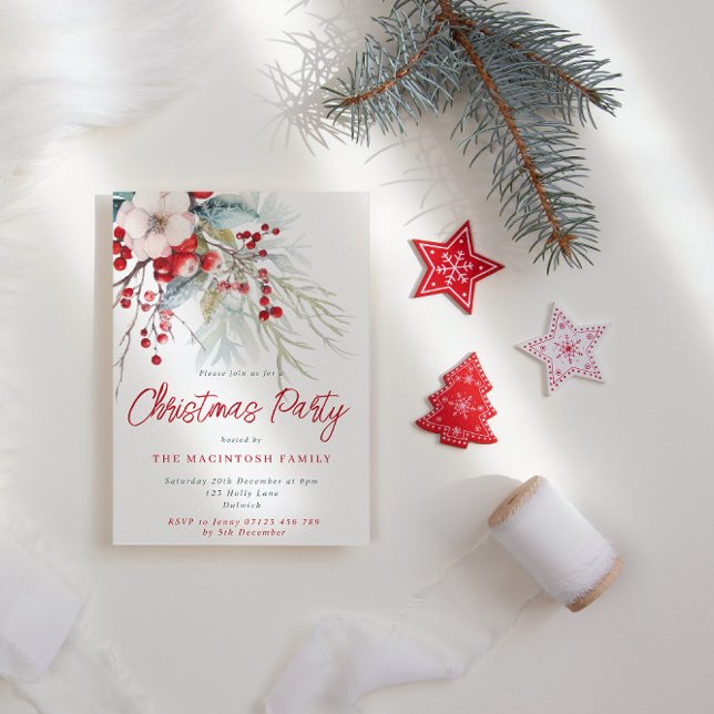 Modern Red & Green Winter Foliage Christmas Party Invitation (Creator Uploaded)