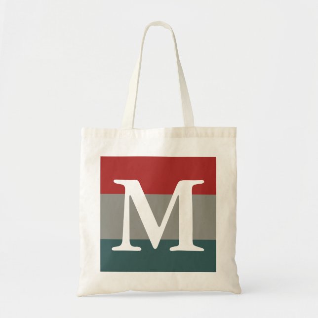 Modern Red, Grey and Teal Colour Block Monogram Tote Bag (Front)