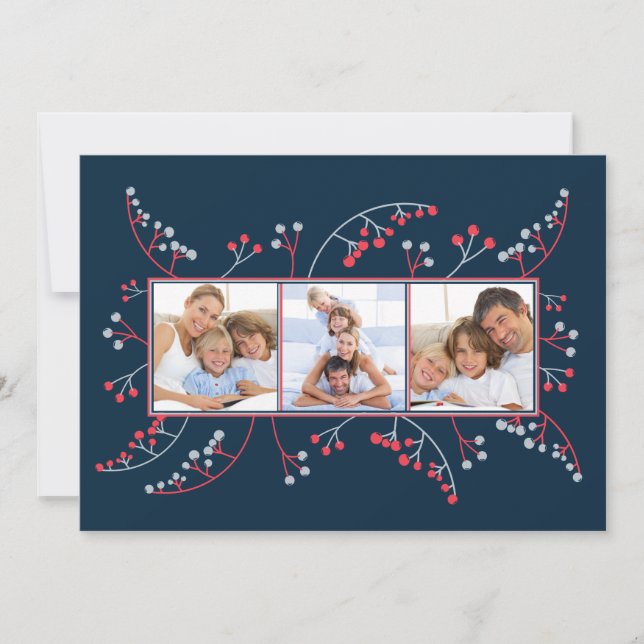 Modern red grey berries Photo flat Christmas Holiday Card (Front)