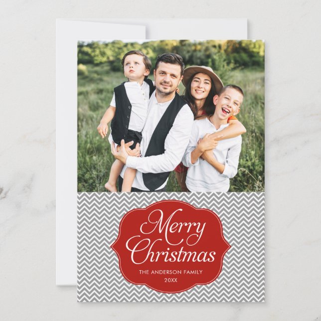 Modern Red Grey Chevron Christmas Photo Card (Front)