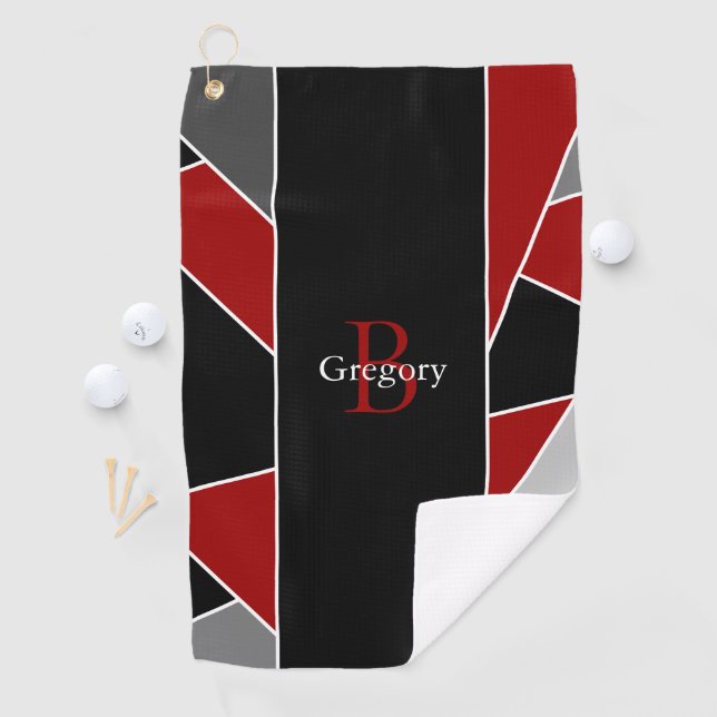 Modern Red Grey Geometric Abstract Monogram Name Golf Towel (InSitu)