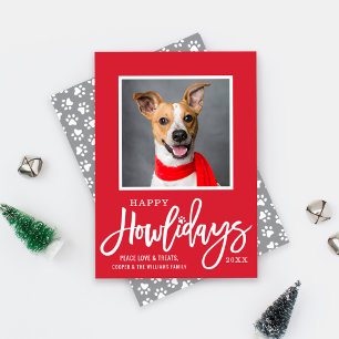 Modern Red Grey Happy Howlidays Puppy Dog Photo Holiday Card
