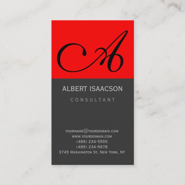 Modern Red Grey Simple Monogram Business Card (Front)