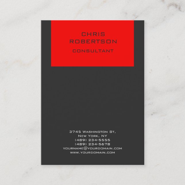 Modern Red Grey Vertical Standard Business Card (Front)