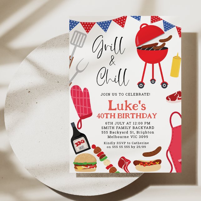 Modern Red Grill and Chill BBQ Birthday Invitation (Chill and Grill BBQ Birthday Invitation Template, 4oth Birthday BBQ Backyard Birthday Invitation)