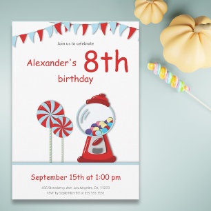 Modern Red Gumball Machine Candy Birthday Party Invitation