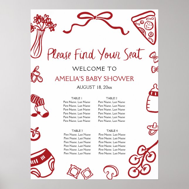 Modern Red Hand Drawn Italian Pizza Seating Chart (Front)