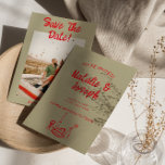 Modern Red Hand Drawn Retro Quirky Photo Wedding Save The Date<br><div class="desc">This modern & retro funky minimalist Wedding Save The Date Template is great for you. If you are looking for a pretty, elegant and easy to customise Wedding Save The Date Template .A very elegant simple and chic green red bold whimsical hand written wedding save the date invitation. Which features...</div>