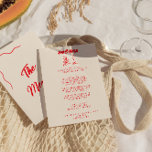 Modern Red Hand Drawn Vintage Quirky Wedding  Menu<br><div class="desc">A vintage retro funky modern vivid red and cream wedding dinner menu. Which features chic template design of creamy milky background and red hand written typography. With red Hand drawn wine and champagne glasses on the front. And whimsical bow frame on the back. A Perfect and matching with the whole...</div>