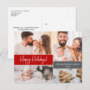 Modern Red Happy Holidays Family Photo collage Holiday Postcard