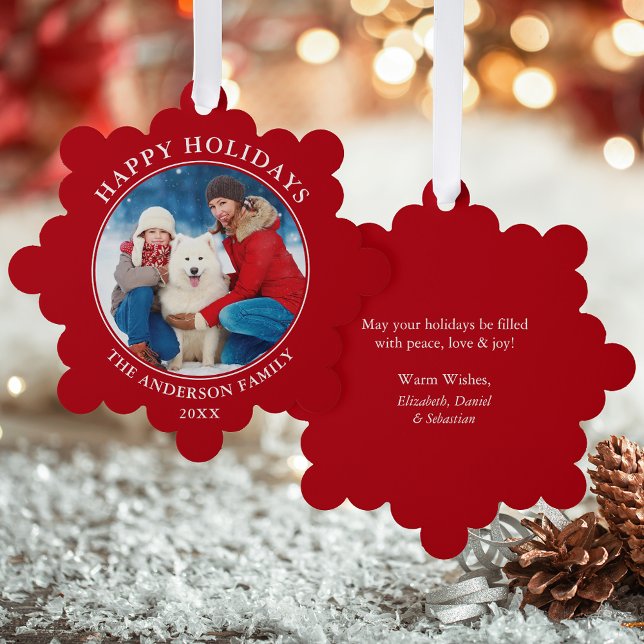 Modern Red Happy Holidays Photo Tree Decoration Card (A greeting card that is also an ornament! Customize with your photo and personalized text.)