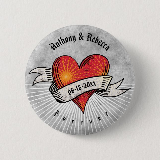 Modern Red Heart Add Names and Date 6 Cm Round Badge (Front)
