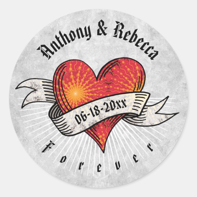 Modern Red Heart Add Names and Date Classic Round Sticker (Front)