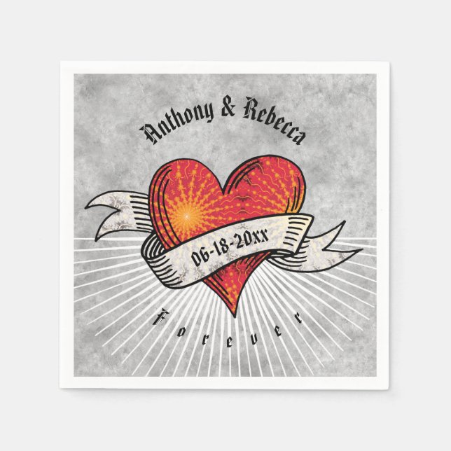 Modern Red Heart Add Names and Date Napkin (Front)