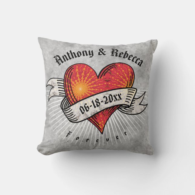 Modern Red Heart Add Names, Date & Monogram Cushion (Front)