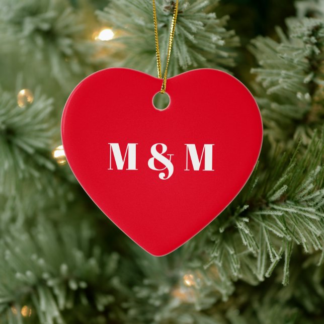 Modern red heart couple typography monogram ceramic ornament (Tree)