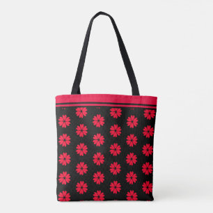Modern Red Heart Flower Pattern on Black Tote Bag