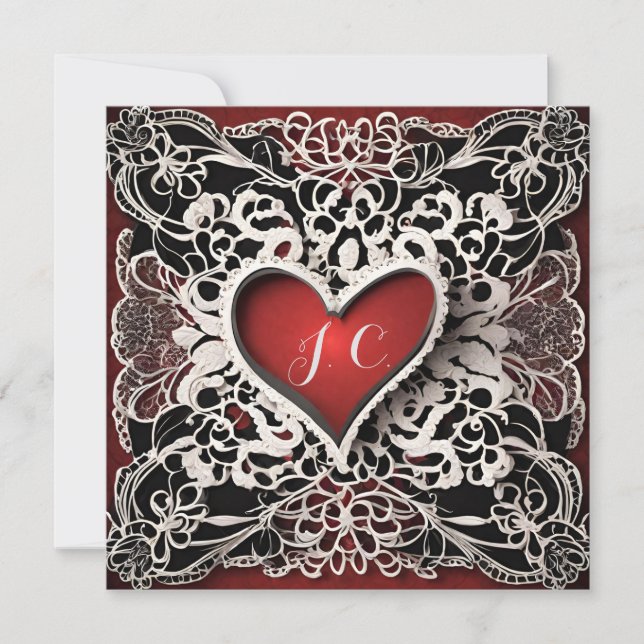 Modern Red Heart Lace Love  Holiday Card (Front)